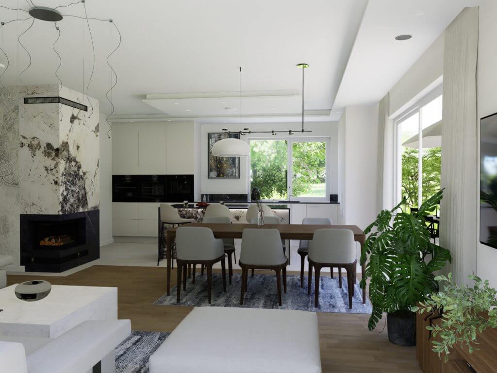 Zdjęcie przedstawia otwartą przestrzeń mieszkalną łączącą salon z jadalnią i kuchnią. W kuchni dominują gładkie, białe szafki, które zapewniają jednolity, nowoczesny wygląd. Nad wyspą kuchenną widzimy imponującą, białą lampę wiszącą, która stanowi centralny punkt w przestrzeni. Wyspa kuchenna, z czarnym, lustrzanym blatem, harmonijnie łączy się z resztą wystroju wnętrza. W tle widoczne są wbudowane urządzenia kuchenne i dodatkowe szafki, które zapewniają dużo miejsca do przechowywania. Aksent oferuje meble na wymiar do kuchni, które są precyzyjnie zaprojektowane, aby maksymalnie wykorzystać dostępną przestrzeń i spełnić specyficzne wymagania każdego klienta. Szafki i wyspy kuchenne Aksent charakteryzują się bezuchwytowym designem, co zapewnia czystą i nowoczesną estetykę. Materiały użyte do produkcji są wyselekcjonowane ze względu na trwałość i łatwość w utrzymaniu, co gwarantuje, że kuchnia będzie wyglądać doskonale przez wiele lat.