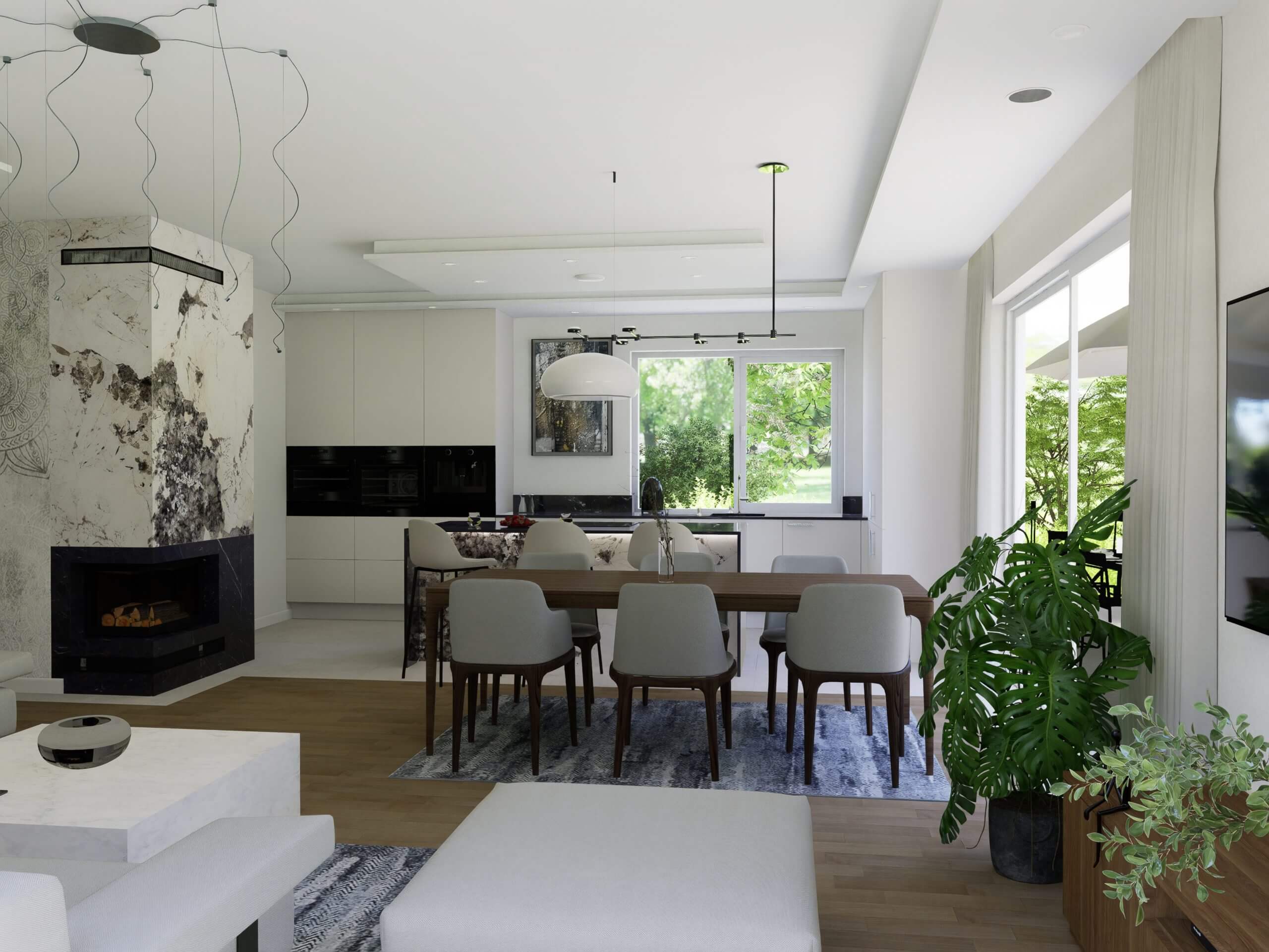 Zdjęcie przedstawia otwartą przestrzeń mieszkalną łączącą salon z jadalnią i kuchnią. W kuchni dominują gładkie, białe szafki, które zapewniają jednolity, nowoczesny wygląd. Nad wyspą kuchenną widzimy imponującą, białą lampę wiszącą, która stanowi centralny punkt w przestrzeni. Wyspa kuchenna, z czarnym, lustrzanym blatem, harmonijnie łączy się z resztą wystroju wnętrza. W tle widoczne są wbudowane urządzenia kuchenne i dodatkowe szafki, które zapewniają dużo miejsca do przechowywania. Aksent oferuje meble na wymiar do kuchni, które są precyzyjnie zaprojektowane, aby maksymalnie wykorzystać dostępną przestrzeń i spełnić specyficzne wymagania każdego klienta. Szafki i wyspy kuchenne Aksent charakteryzują się bezuchwytowym designem, co zapewnia czystą i nowoczesną estetykę. Materiały użyte do produkcji są wyselekcjonowane ze względu na trwałość i łatwość w utrzymaniu, co gwarantuje, że kuchnia będzie wyglądać doskonale przez wiele lat.