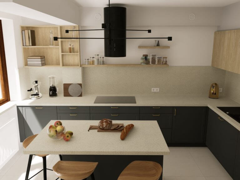 Na załączonym zdjęciu widzimy kuchnię o nowoczesnym designie, łączącą funkcjonalność z elegancją. Neutralne barwy dominują w przestrzeni, gdzie ciemnoszare fronty szafek kuchennych pięknie kontrastują z jasnymi, marmurowymi blatami. Złote uchwyty i akcenty dodają szyku i ponadczasowego charakteru. Nad wyspą kuchenną zawieszono nowoczesny, czarny okap, który jest wyrazistym elementem dekoracyjnym, a jednocześnie pełni praktyczną funkcję. Uzupełnieniem całości jest minimalistyczny żyrandol o prostych liniach, a otwarte półki z drewnianymi elementami wprowadzają do wnętrza ciepły akcent. Firma Aksent jako producent kuchni na wymiar jest znana z tworzenia przestrzeni dostosowanych do indywidualnych potrzeb klientów. Każdy element kuchni, od szafek po wyspę kuchenną, jest projektowany z myślą o optymalnym wykorzystaniu przestrzeni, łatwości użytkowania oraz estetyce. Aksent stosuje innowacyjne rozwiązania i wysokiej jakości materiały, co gwarantuje, że kuchnia będzie służyć przez wiele lat, zachowując swoje piękno i funkcjonalność, co doskonale ilustruje przedstawiona kuchnia. Warto zaznaczyć, że każdy projekt realizowany przez Aksent jest wynikiem ścisłej współpracy z klientem, od koncepcji po finalne wykonanie, zapewniając satysfakcję nawet najbardziej wymagających użytkowników.